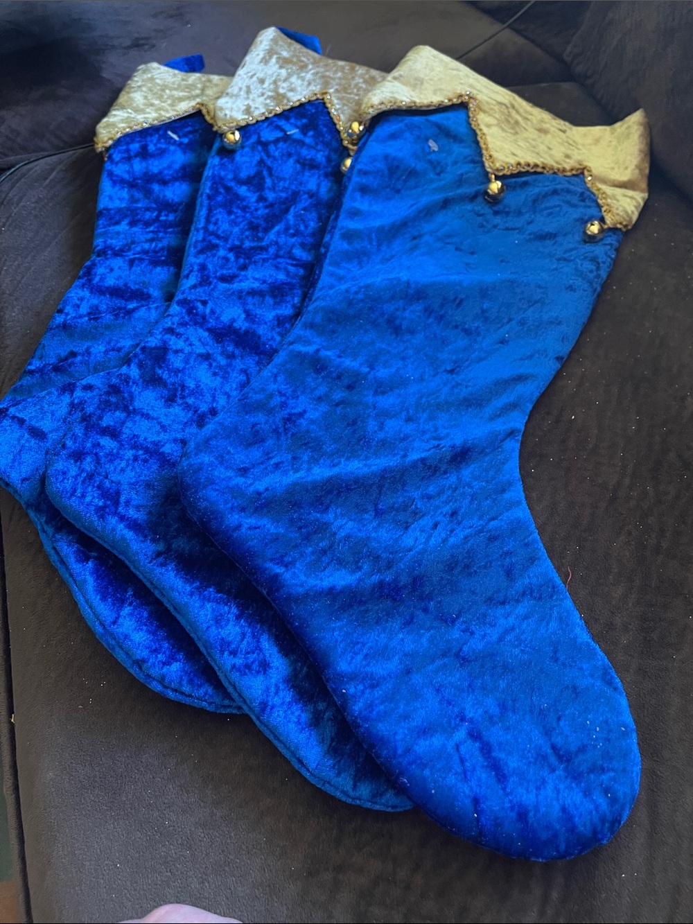 Plush Blue Velvet stockings with Gold Trim